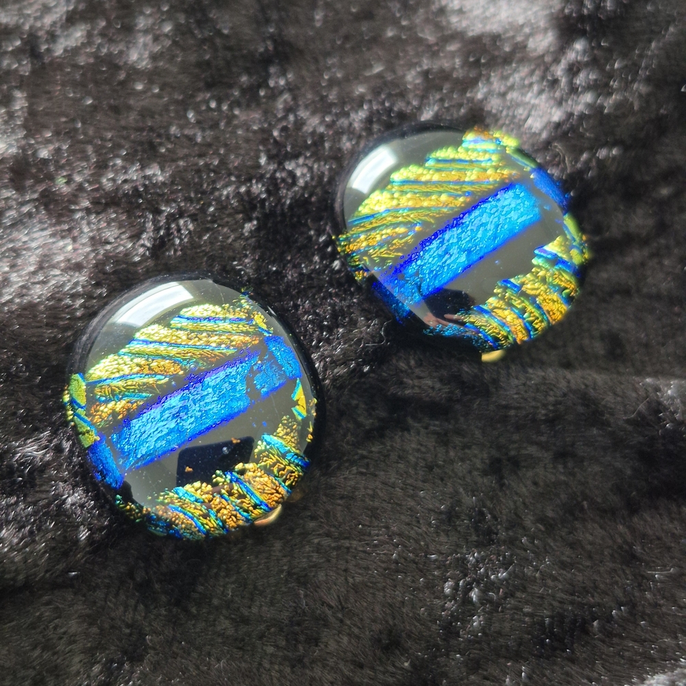 Prism Glass Blue, Black, Gold, Fused Dichroic Glass Clip-on Oval Button Earrings